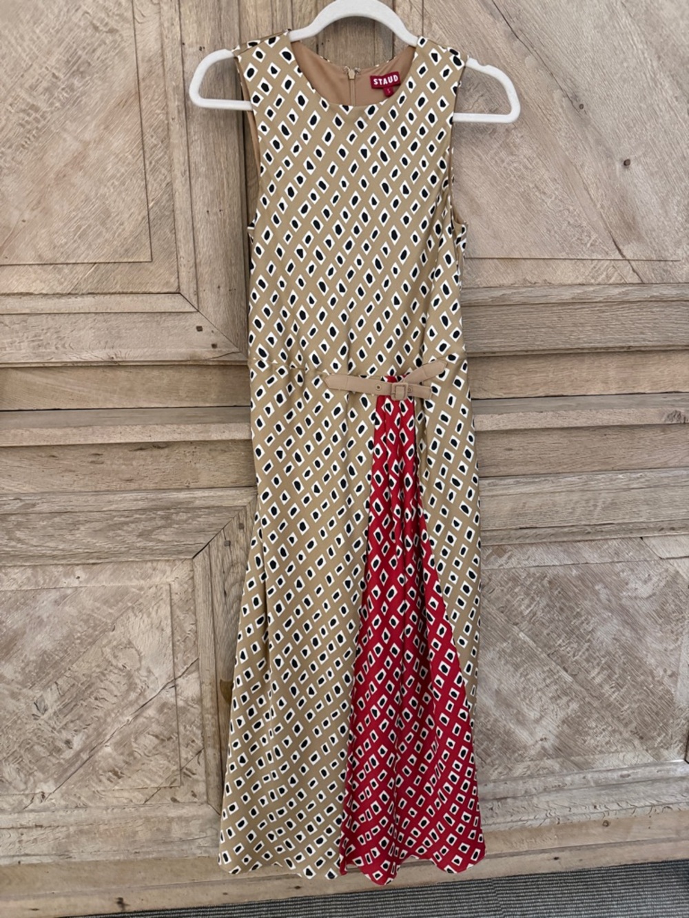 STAUD Diamond Print Sleeveless Dress in Beige and Black